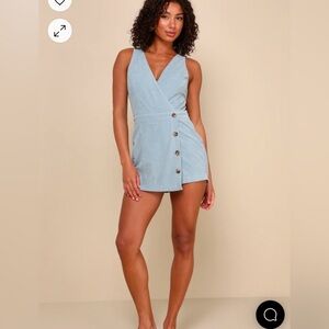 NWT LULUS - Cute Mindset Light Blue Corduroy Faux-Wrap Skort Romper- SIZ…